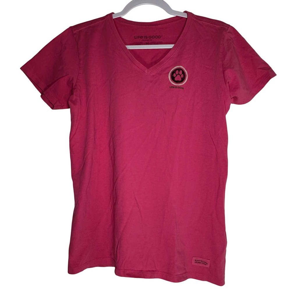 Life Is Good Womens Crusher Tee Pink Paw Print V-Neck Cotton‎ T-Shirt Medium